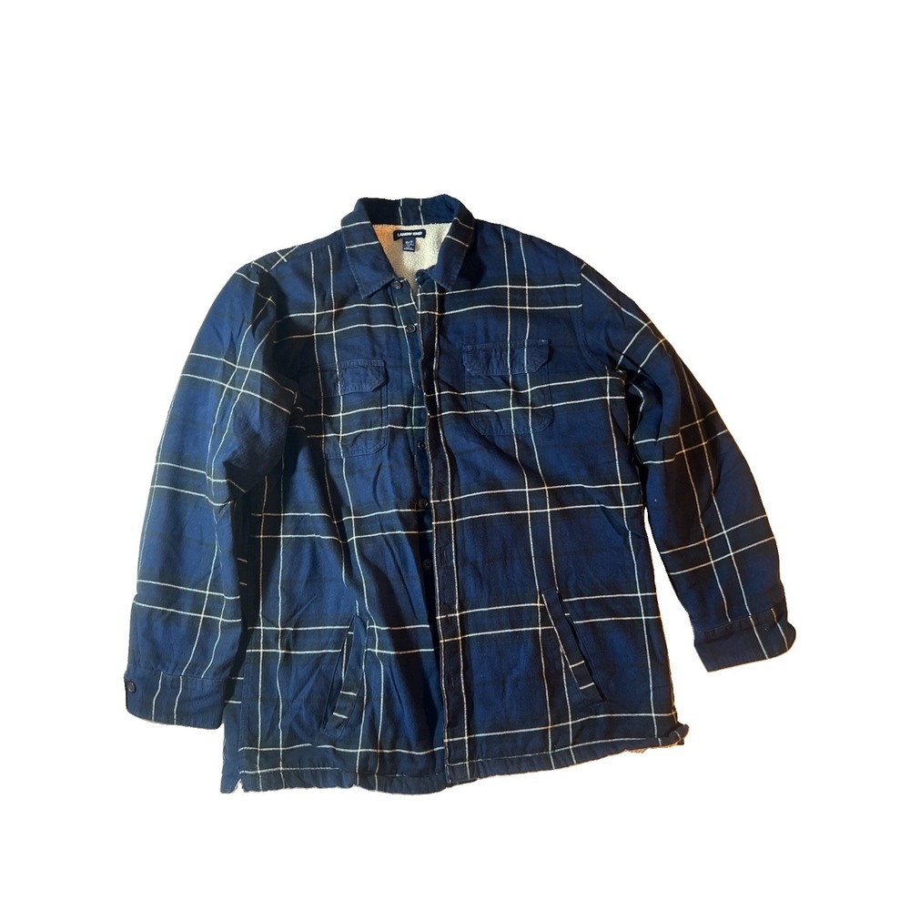 Lands' End Jacket Mens XL Blue Plaid Flannel Sherpa Lined Shirt Jacket Warm
